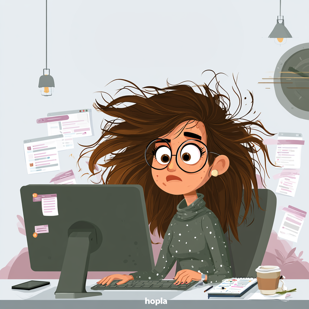 Stressed marketer at a messy desk with flying papers and a coffee cup