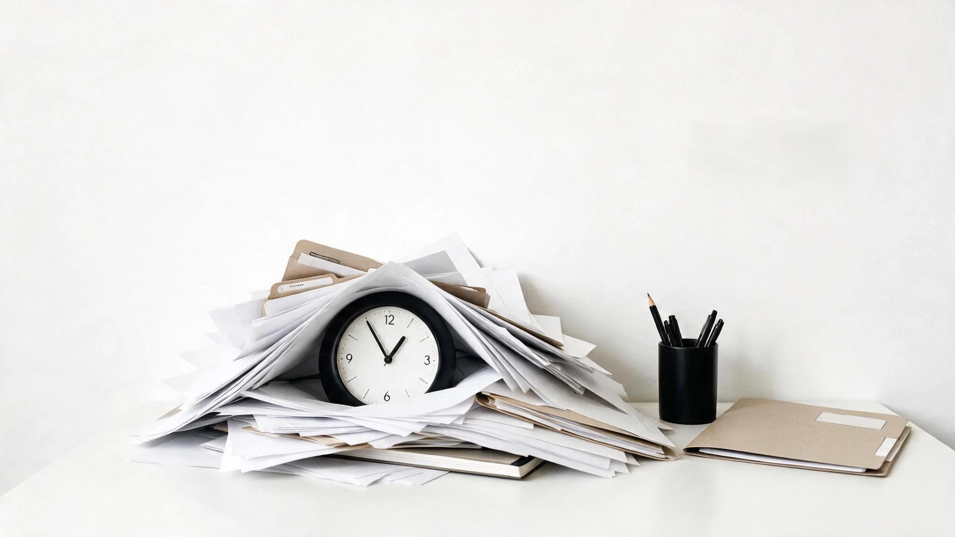 A clock buried under scattered papers and folders on a clean white desk