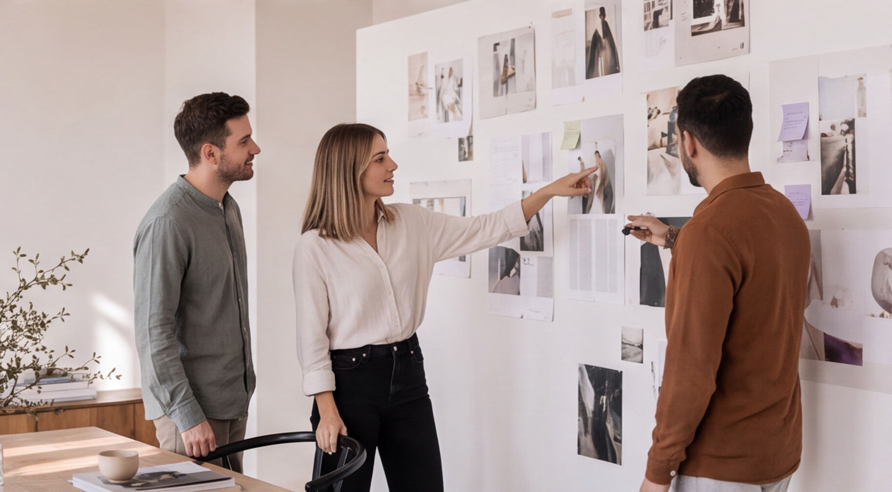 A woman arranging visual references on a wall-mounted mood board in a bright studio, with chair, table and plants visible