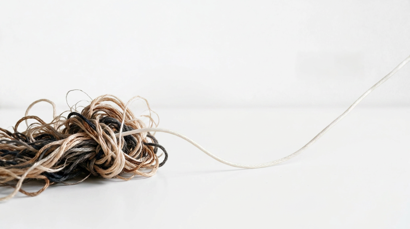 A tangled ball of soft threads with one loose strand leading away