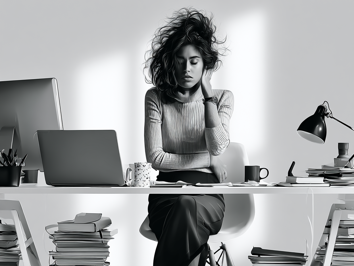 Woman sitting at a desk with a laptop and stacks of papers, thinking about where to begin